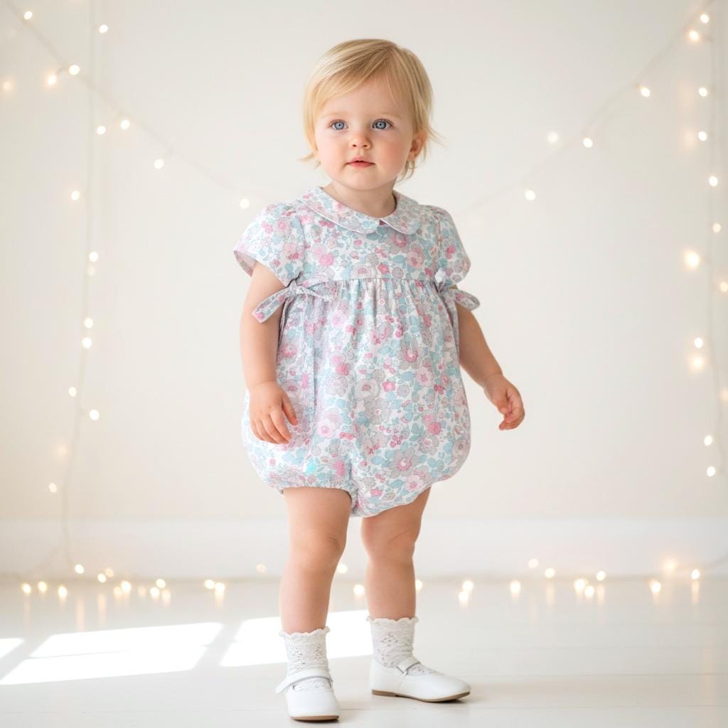 Liberty London Floral Print Pastel Pink Blue Bubble Romper,Peter Pan Collar Short Sleeve Sunsuit,Heirloom Handmade Ditsy Tana Lawn Clothing