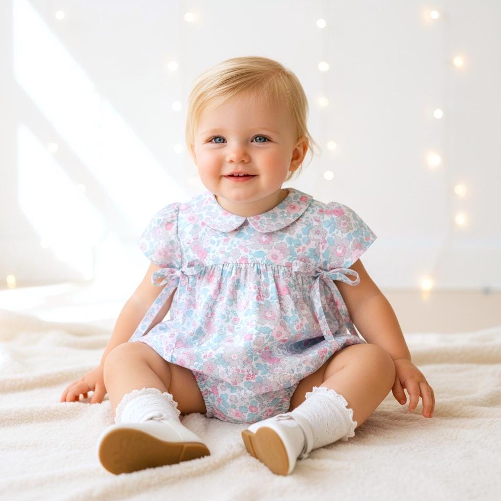 Liberty London Floral Print Pastel Pink Blue Bubble Romper,Peter Pan Collar Short Sleeve Sunsuit,Heirloom Handmade Ditsy Tana Lawn Clothing