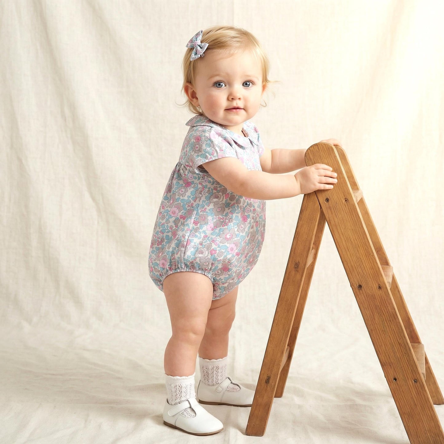 Liberty London Floral Print Pastel Pink Blue Bubble Romper,Peter Pan Collar Short Sleeve Sunsuit,Heirloom Handmade Ditsy Tana Lawn Clothing