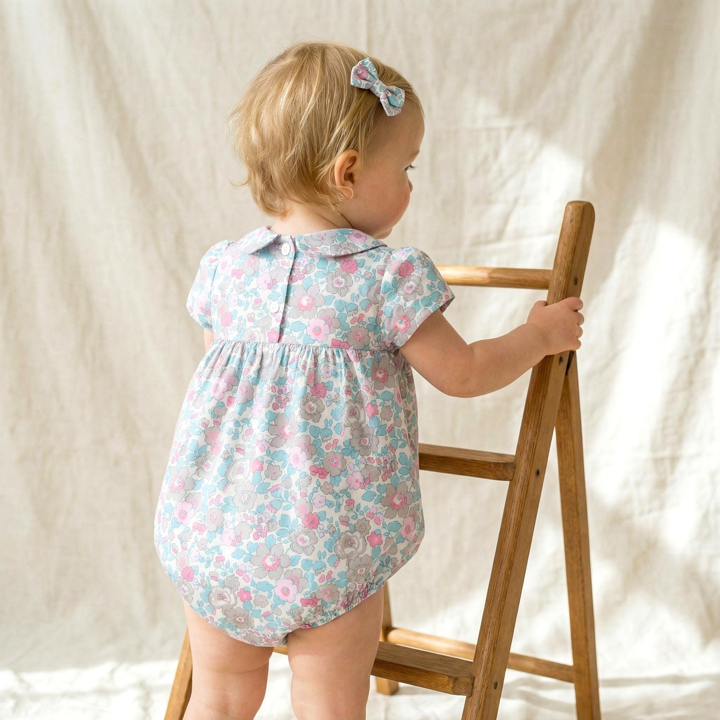 Liberty London Floral Print Pastel Pink Blue Bubble Romper,Peter Pan Collar Short Sleeve Sunsuit,Heirloom Handmade Ditsy Tana Lawn Clothing