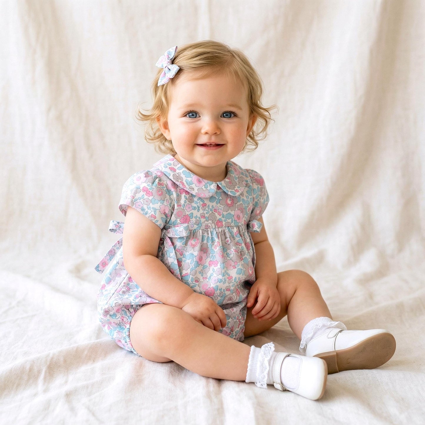 Liberty London Floral Print Pastel Pink Blue Bubble Romper,Peter Pan Collar Short Sleeve Sunsuit,Heirloom Handmade Ditsy Tana Lawn Clothing