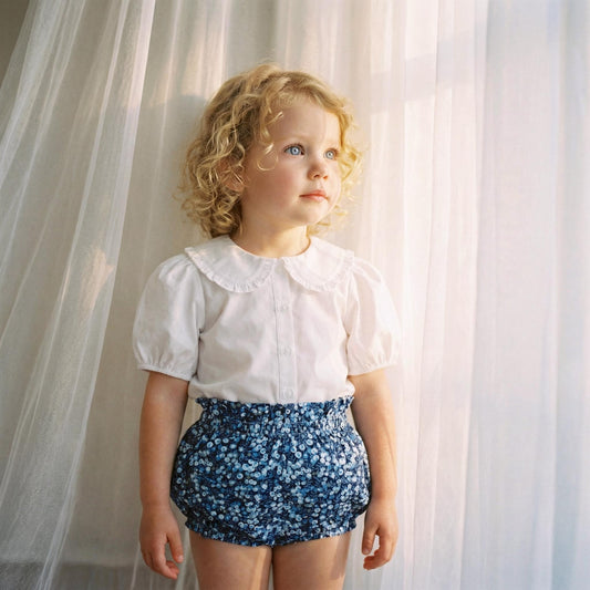 Peter Pan Collar Liberty Bubble Romper: Ditsy Floral Print Cotton, Short Sleeve