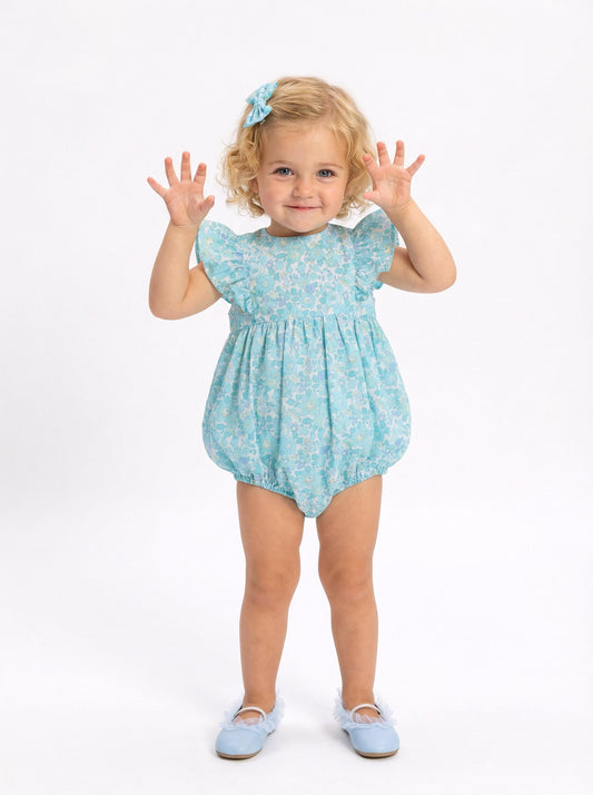 Liberty London Floral-Print Handmade Sleeveless Bubble Romper, Ditsy Botanical Handmade Clothing, Sustainable Slow-fashioned Children-wear