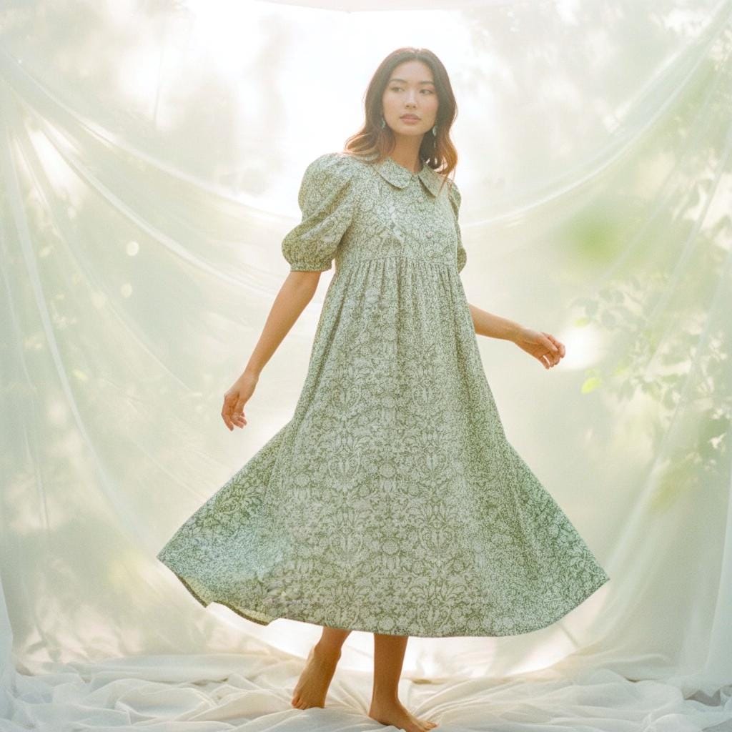 Liberty London Floral Midi Dress, Smock Silhouette, Puffed Sleeves, 100% Cotton Tana Lawn