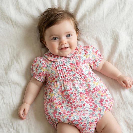 Liberty London Floral Print Pastel Pink Blue Bubble Romper,Peter Pan Collar Short Sleeve Sunsuit,Heirloom Handmade Ditsy Tana Lawn Clothing