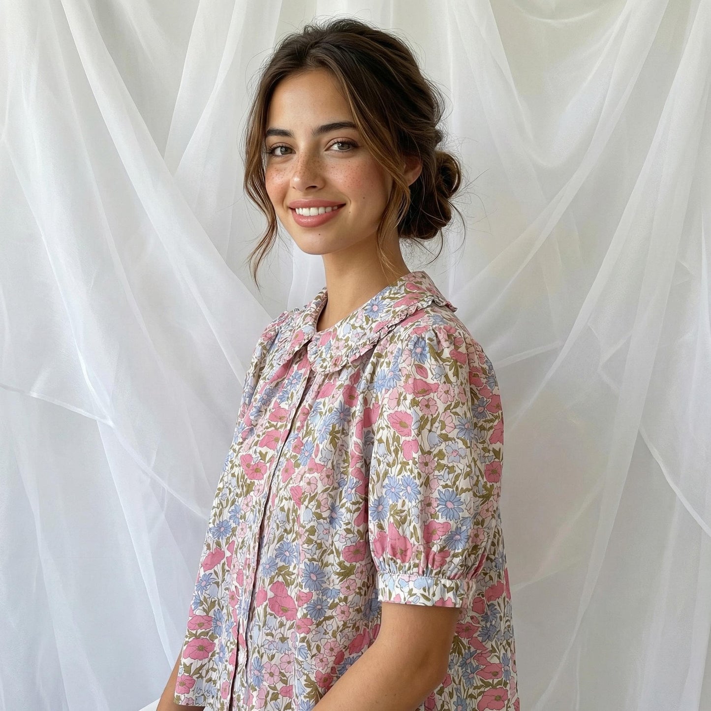 Liberty London Frilled Peter-Pan Collared Handmade Blouse, Button-up Puffed-Sleeves Chemise, Sustainable Tailoring Slow-fashioned Top