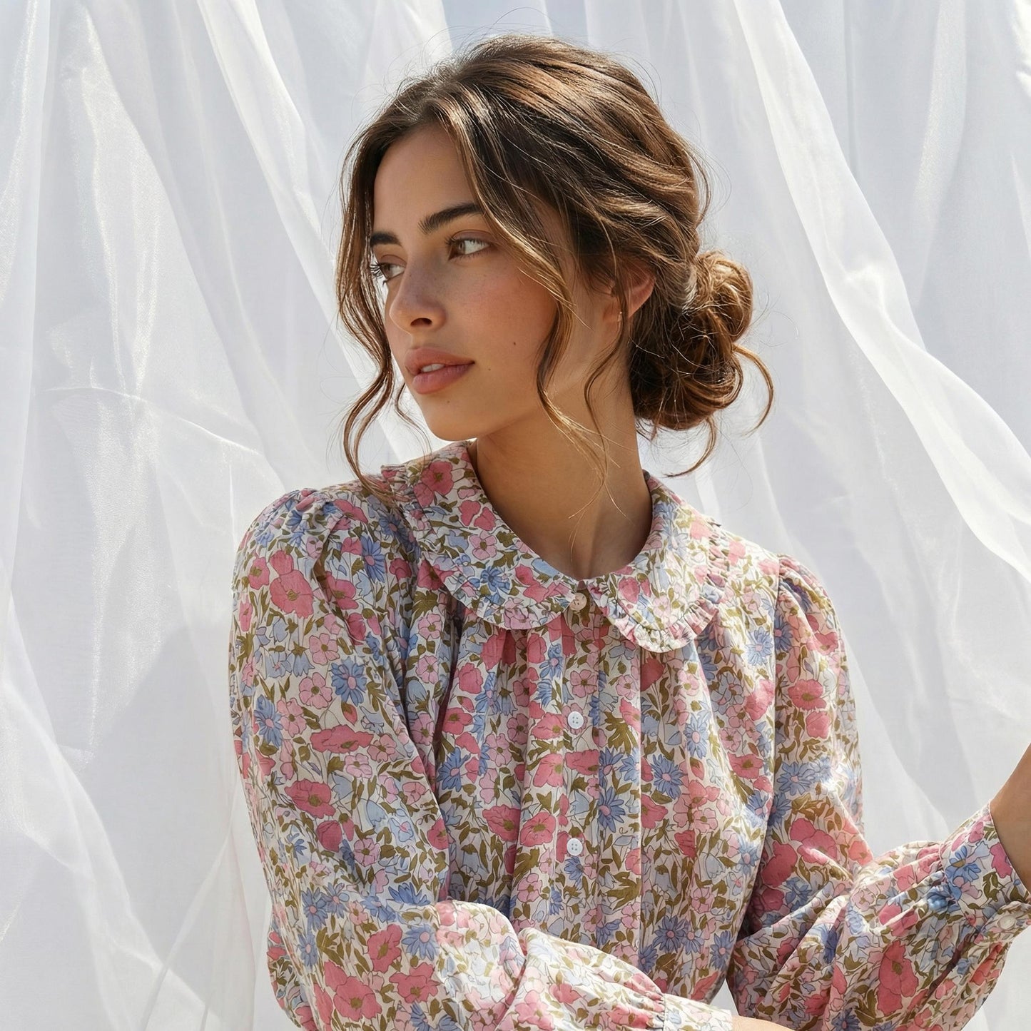 Liberty London Frilled Peter-Pan Collared Handmade Blouse, Button-up Puffed-Sleeves Chemise, Sustainable Tailoring Slow-fashioned Top