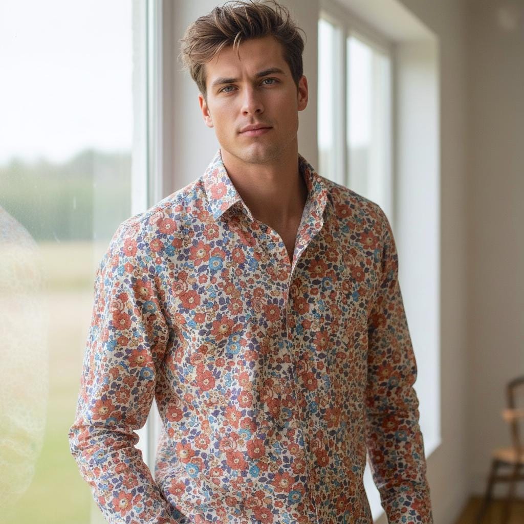 Liberty London Floral print Cotton Shirt, Men's Botanical Print Long Sleeve Button Up Chemise