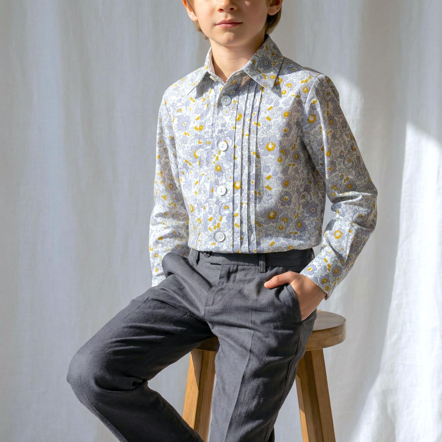 Boys Liberty London Ditsy Floral Cotton Shirt, Mustard Grey White Long Sleeve Top