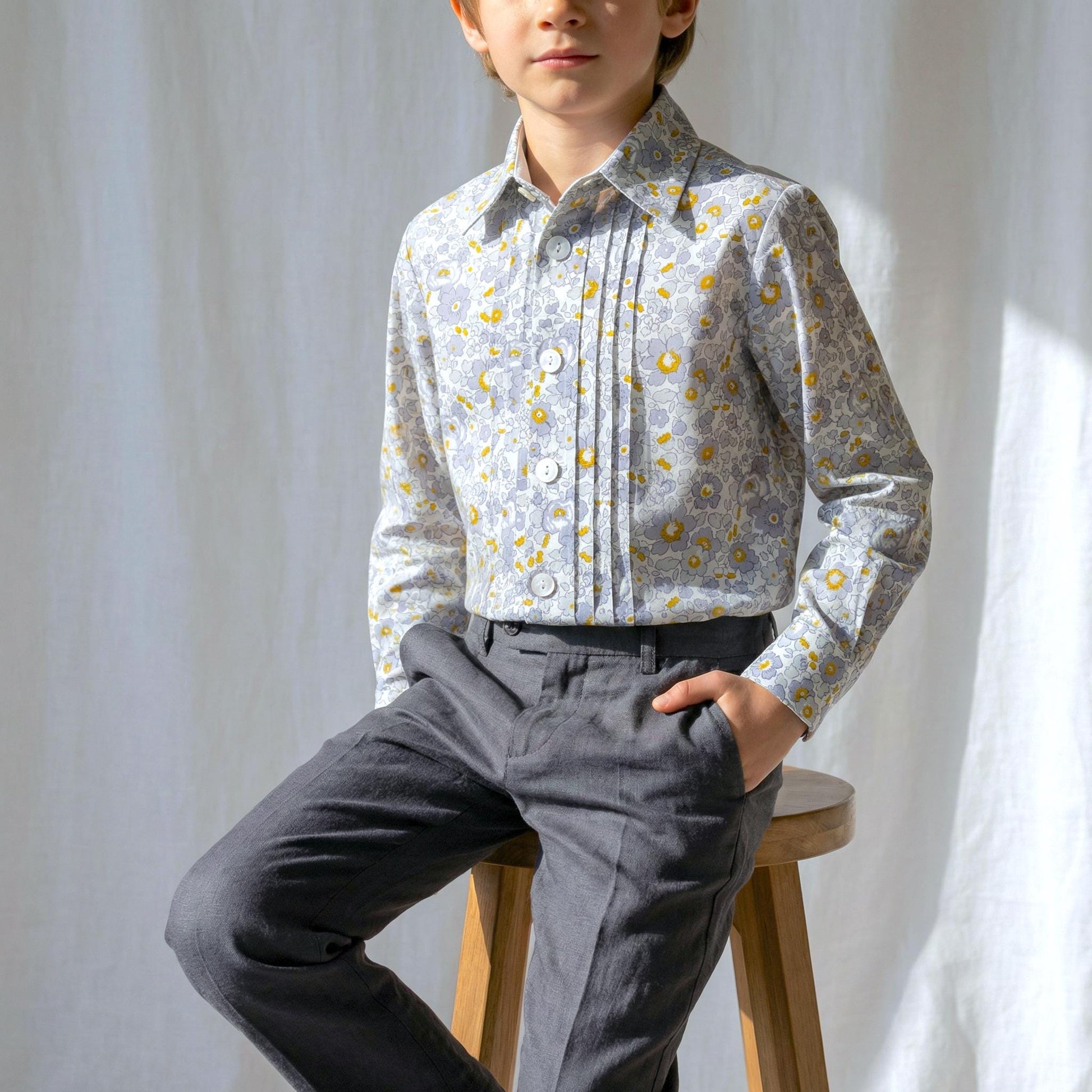 Boys Liberty London Ditsy Floral Cotton Shirt, Mustard Grey White Long Sleeve Top