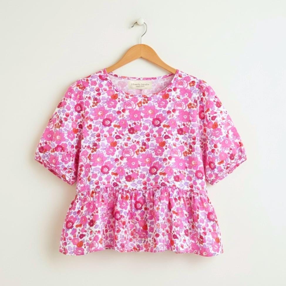 Liberty London Short Sleeves Crew Neck Peplum Blouse, Ditsy Floral Print Top, Handmade Clothing