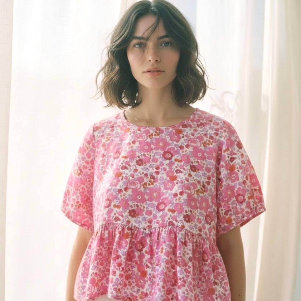 Liberty London Short Sleeves Crew Neck Peplum Blouse, Ditsy Floral Print Top, Handmade Clothing