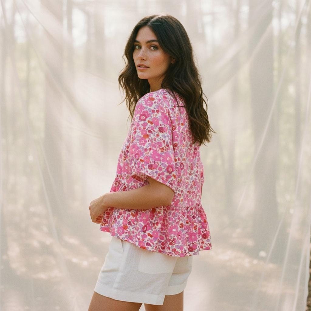 Liberty London Short Sleeves Crew Neck Peplum Blouse, Ditsy Floral Print Top, Handmade Clothing