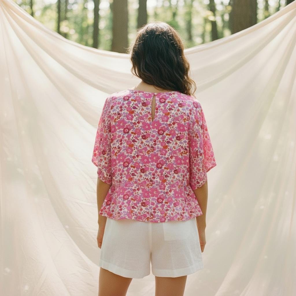 Liberty London Short Sleeves Crew Neck Peplum Blouse, Ditsy Floral Print Top, Handmade Clothing