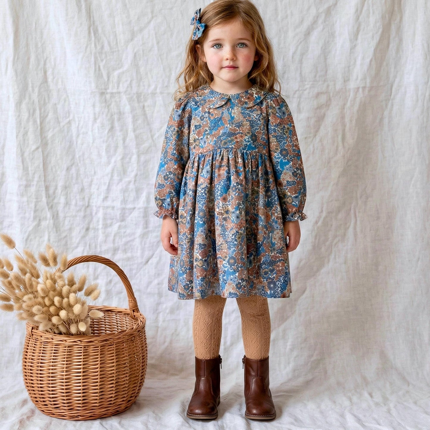 Liberty London Long Sleeve Peter Pan Collar Girl Dress: Floral Print Cotton Fabric