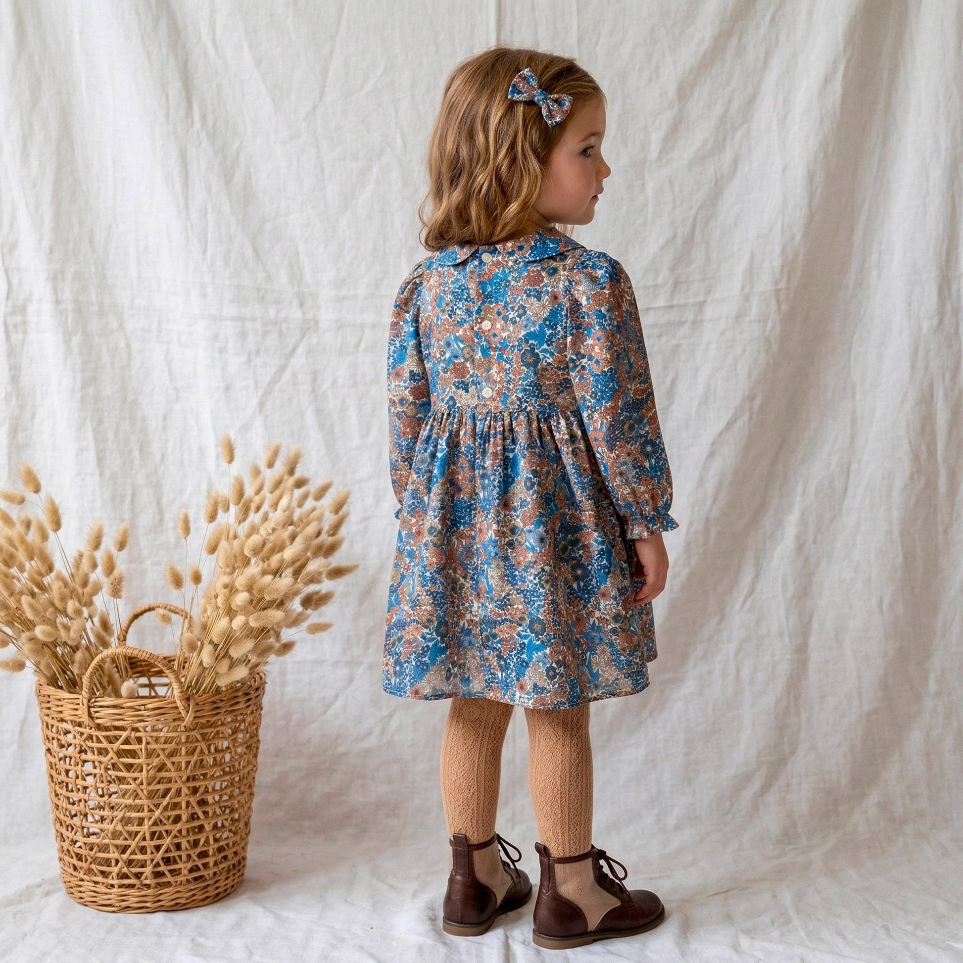 Liberty London Long Sleeve Peter Pan Collar Girl Dress: Floral Print Cotton Fabric