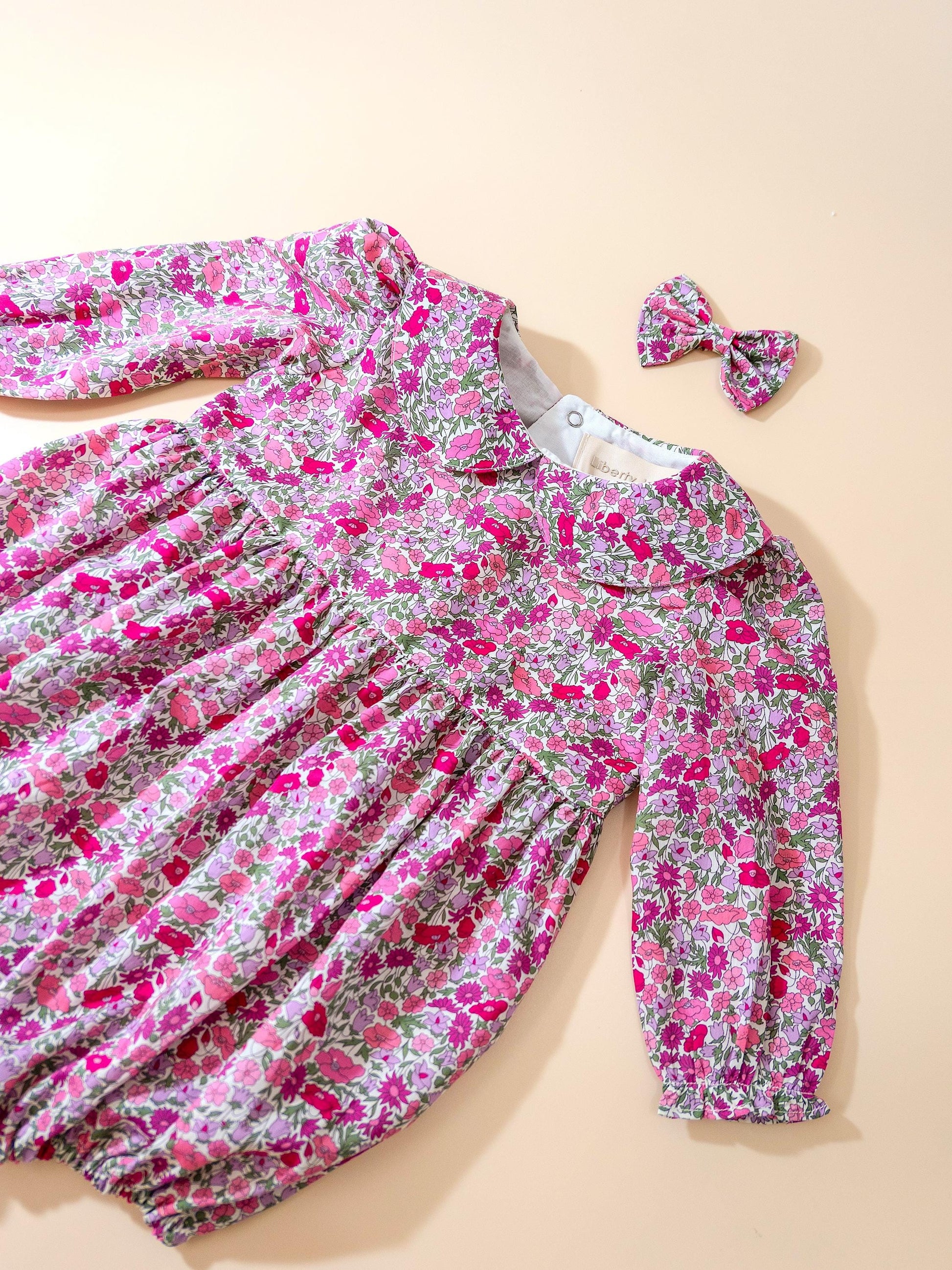 Liberty London Long Sleeves Peter Pan Collar Bubble Romper, Cotton Ditsy Floral Print Playsuit