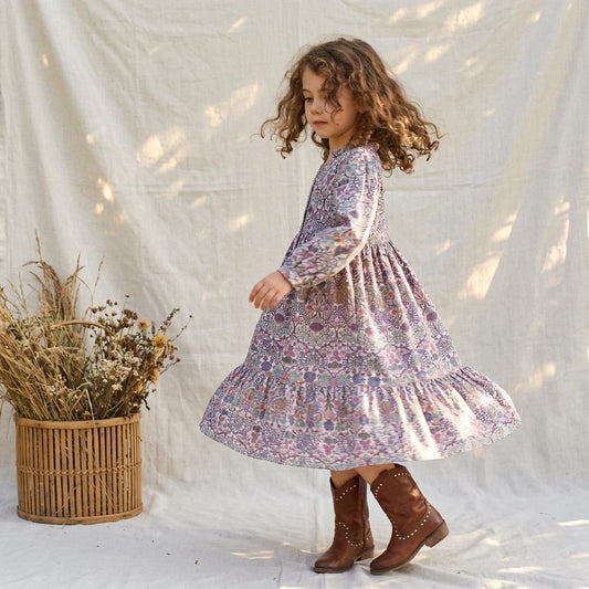 Liberty London Smock Boho Midi Puffed Long Sleeves Dress, Heirloom Wedding Flower Girl Gown