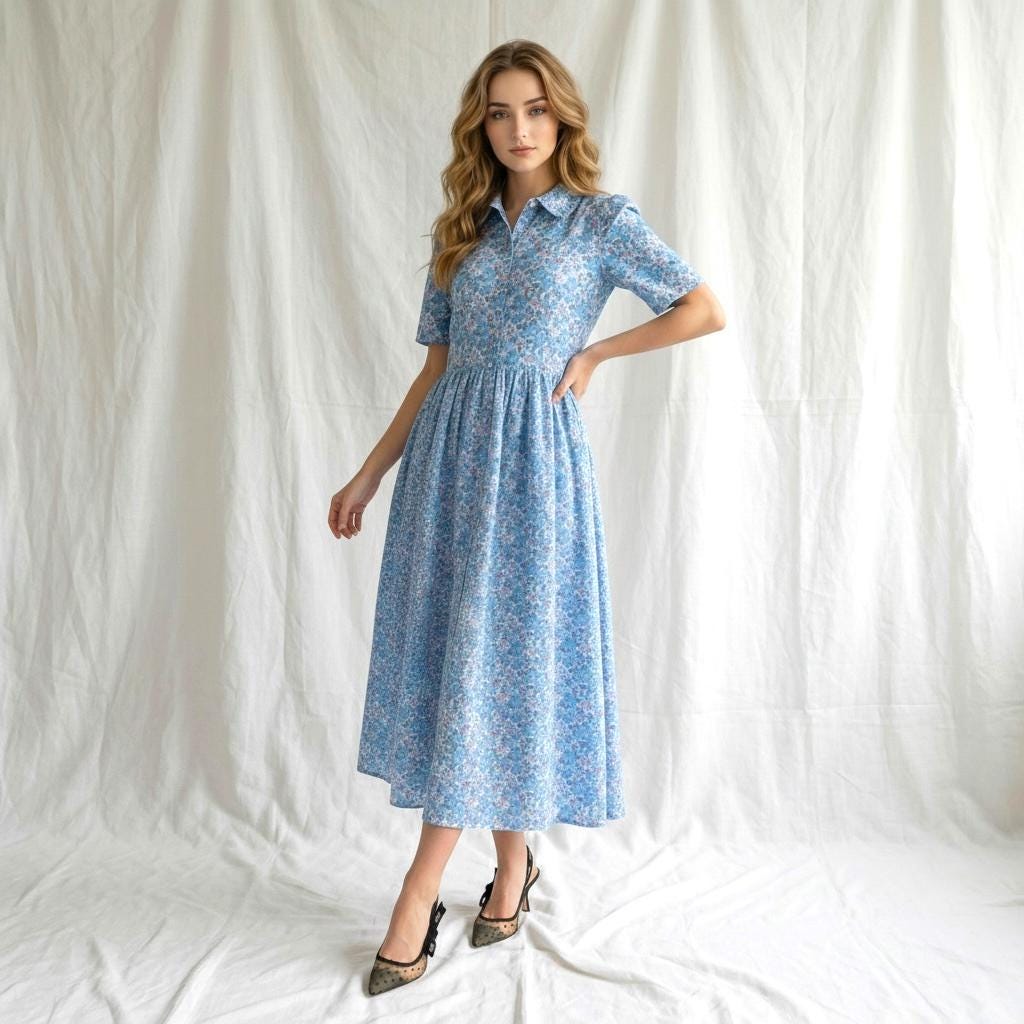 Liberty London Midi Frilled Peter Pan Collar Dress, Puffed Half Sleeves Tana Lawn Gown