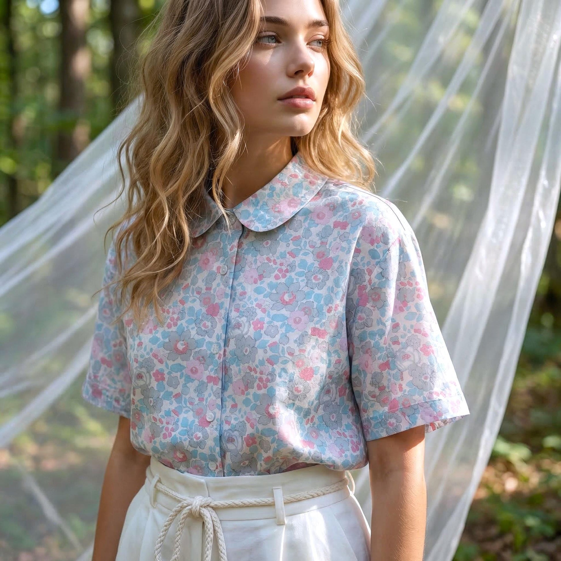 Liberty London Peter-Pan Collared Shirt, Kimono Half-sleeved Blouse, Floral-Print Cotton Button-Up Chemise, Handmade Womenswear