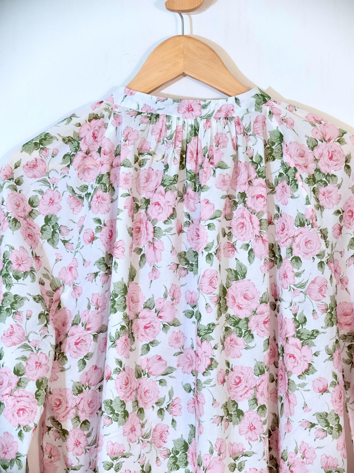 Liberty Mandarin Collar Gather Top 3/4 Sleeves: Button Through Blouse, Ditsy Botanical Floral Print
