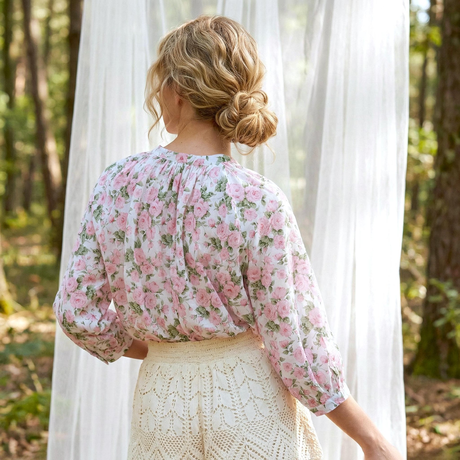 Liberty Mandarin Collar Gather Top 3/4 Sleeves: Button Through Blouse, Ditsy Botanical Floral Print