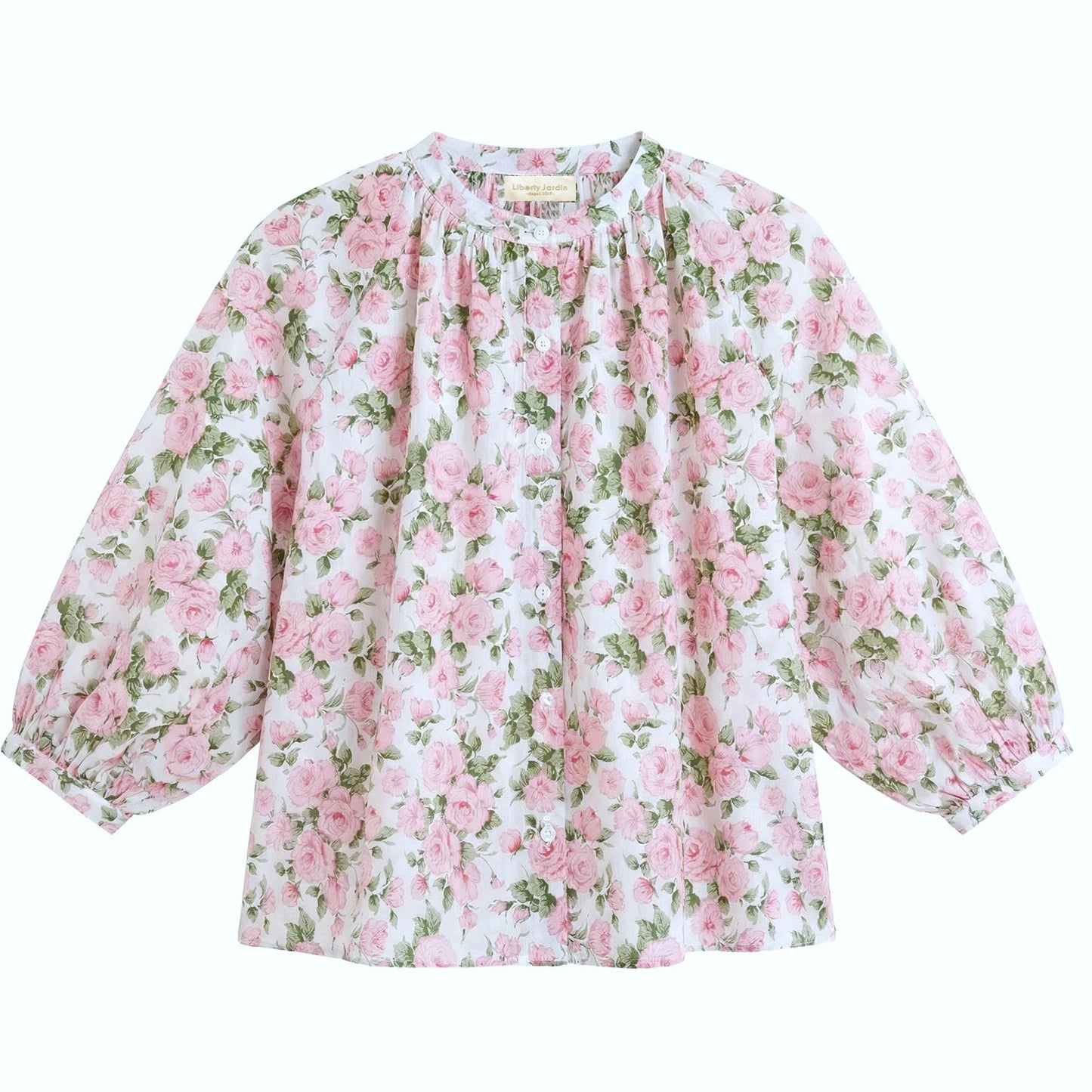 Liberty Mandarin Collar Gather Top 3/4 Sleeves: Button Through Blouse, Ditsy Botanical Floral Print