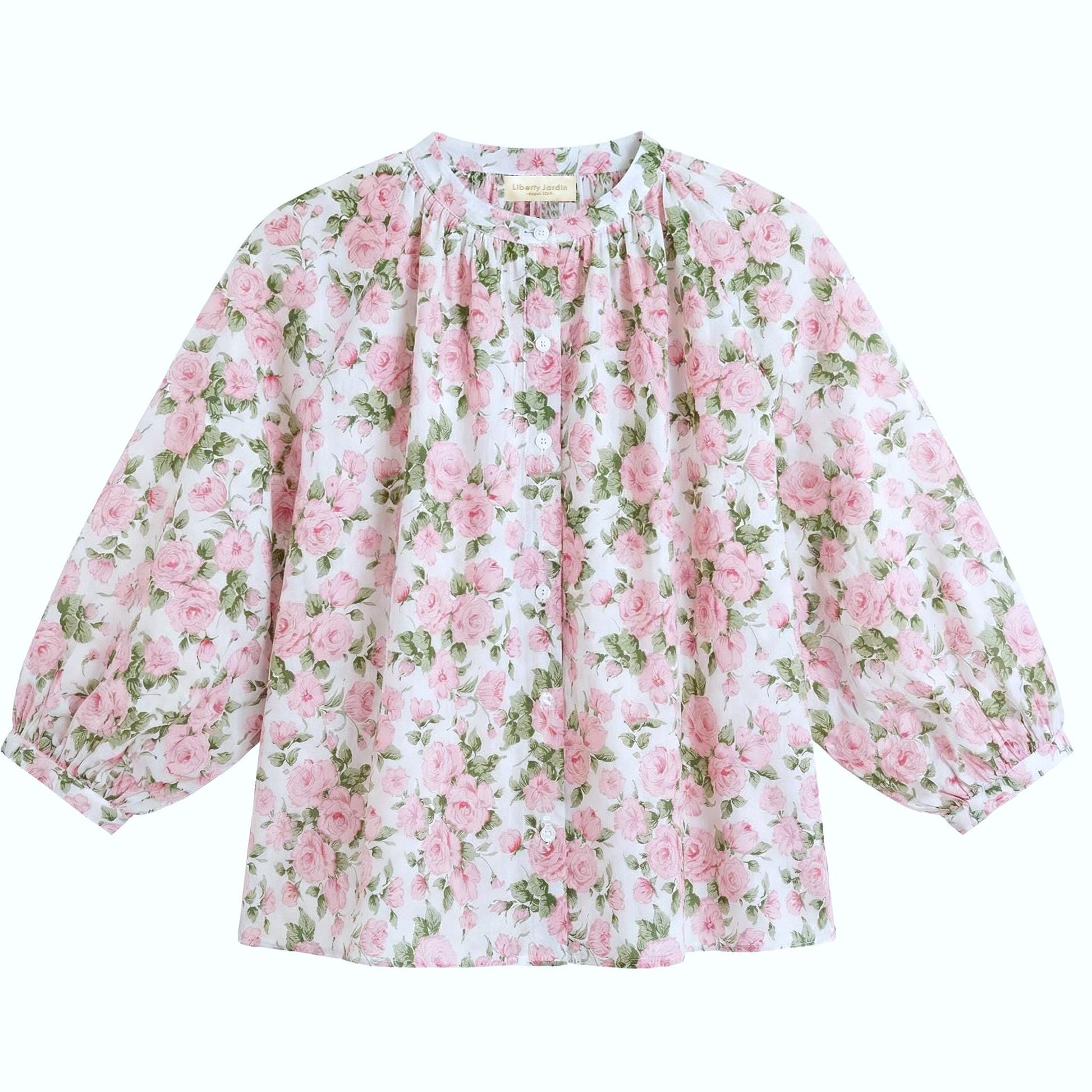 Liberty Mandarin Collar Gather Top 3/4 Sleeves: Button Through Blouse, Ditsy Botanical Floral Print