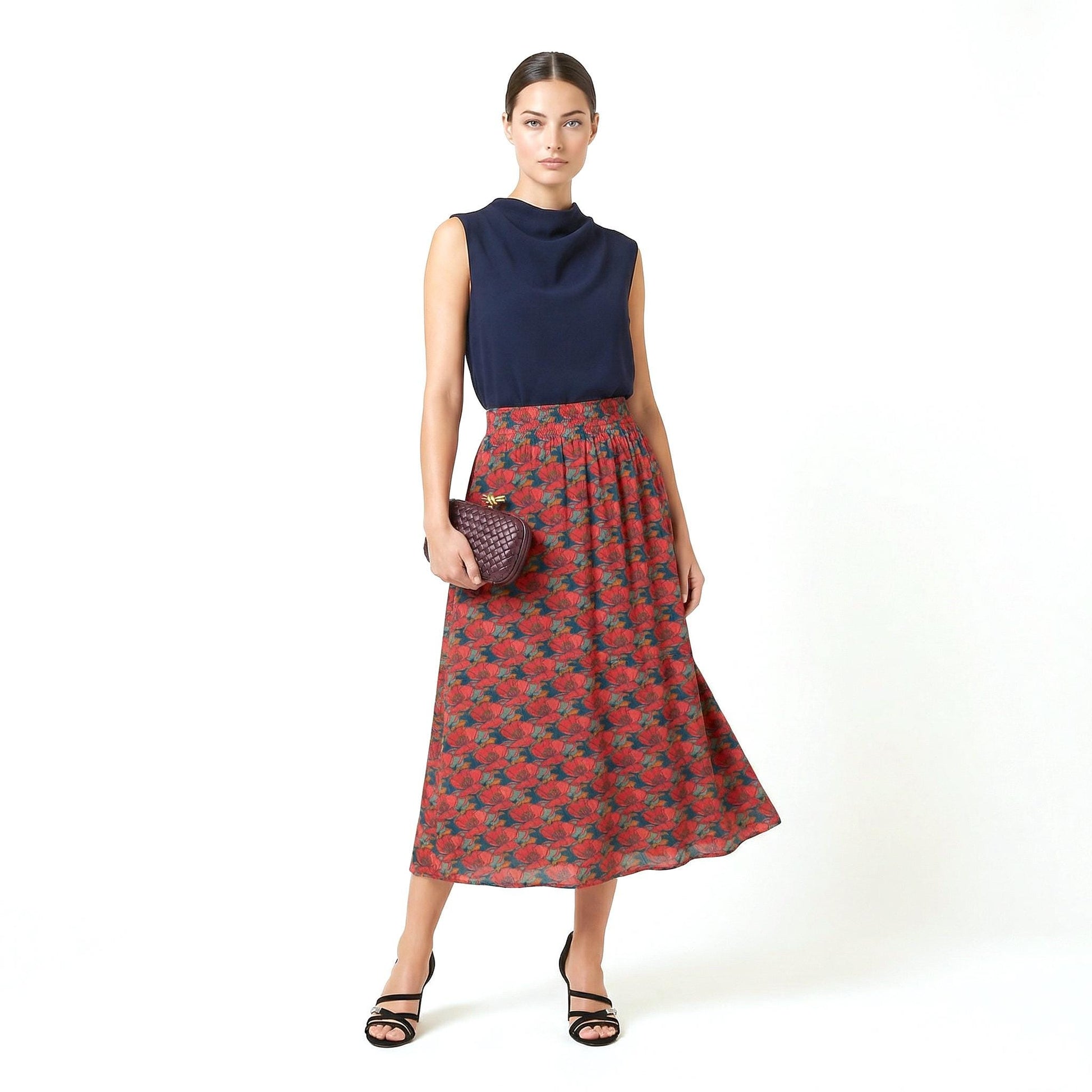 Liberty London Midi-Length Skirt, Handmade Medium Floral-print Womenswear, Slow-fashioned Tailoring Cotton Clothing, Botanical Evening-wear
