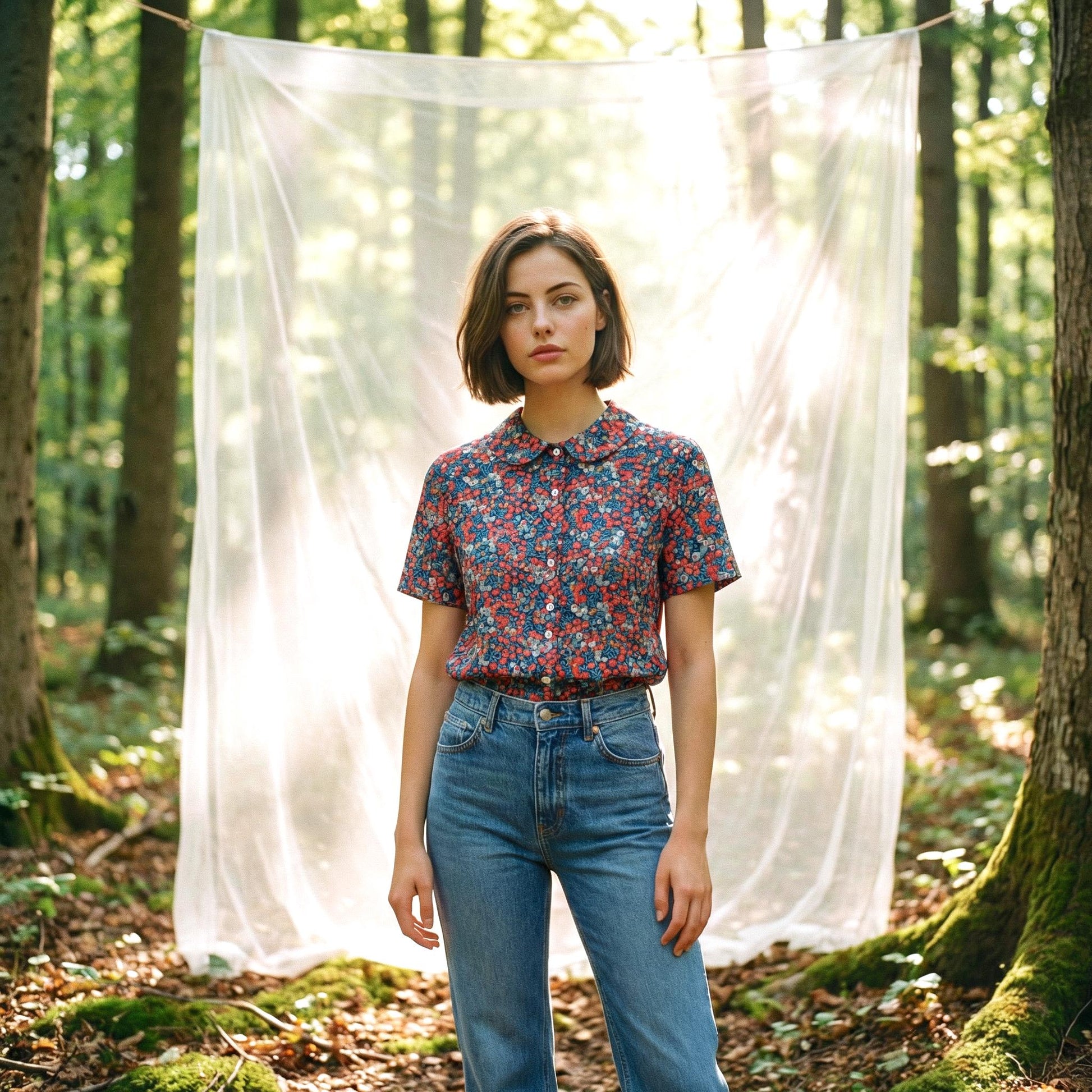 Liberty London Peter-Pan Collared Blouse, Floral-print Cotton Puffed-sleeves Button-up Shirt, Handmade Botanical Cotton Womenswear