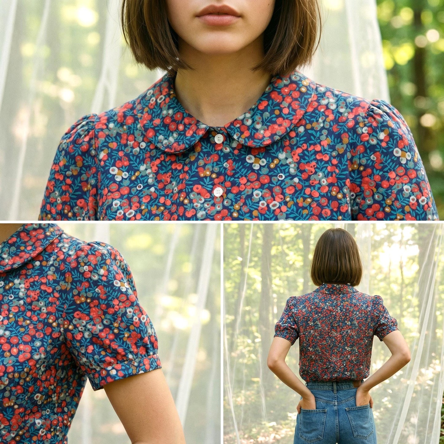 Liberty London Peter-Pan Collared Blouse, Floral-print Cotton Puffed-sleeves Button-up Shirt, Handmade Botanical Cotton Womenswear