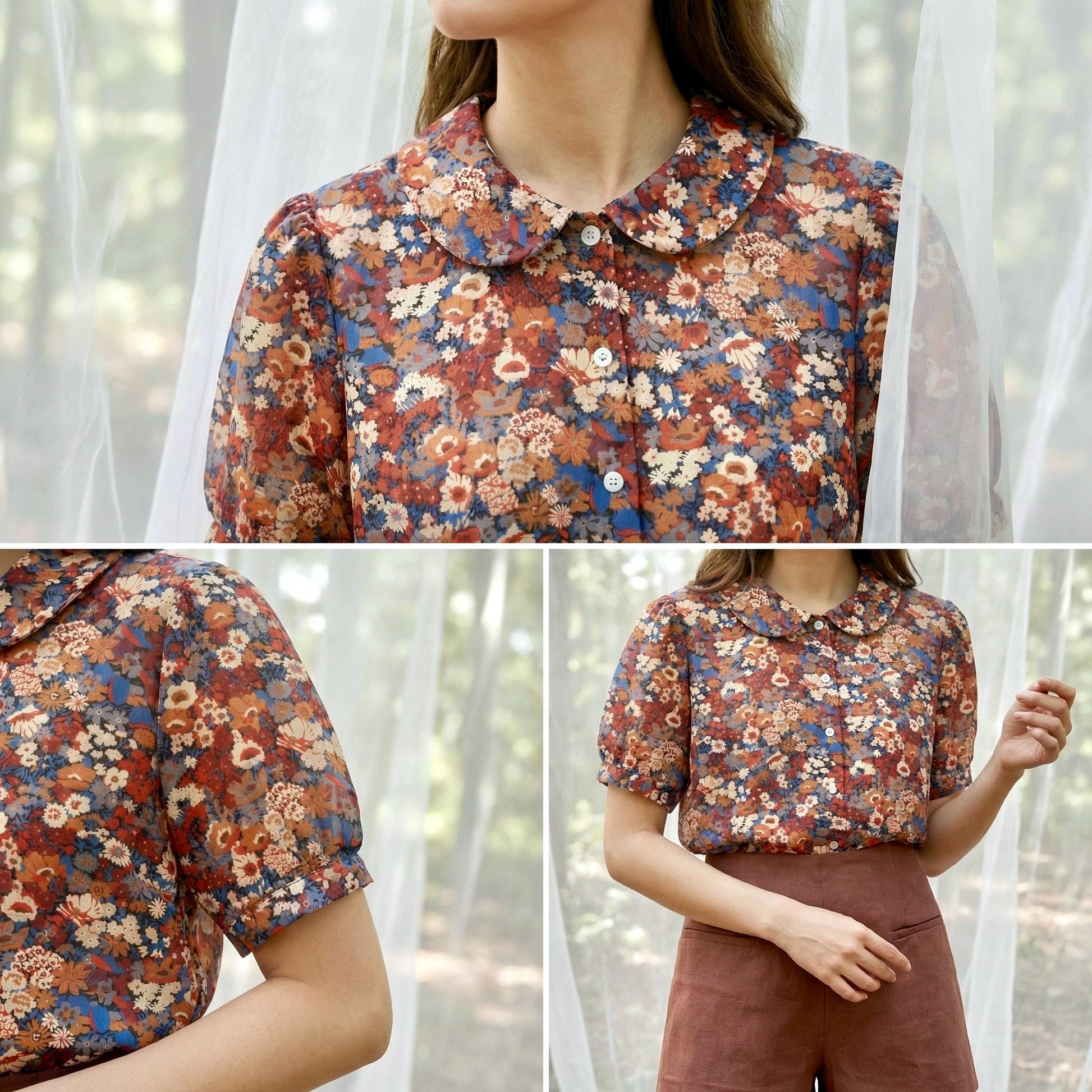 Sleeveless Liberty Woman Top: Ruffle Peter Pan Collar, Floral Print Blouse