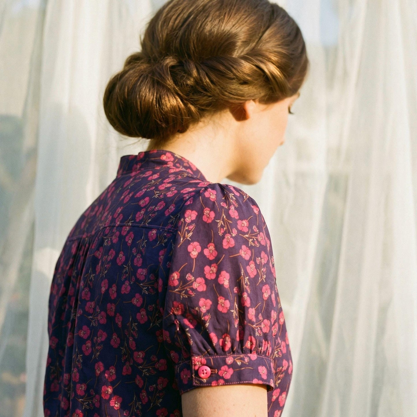 Liberty Mandarin Collar Shift Dress Short Sleeve