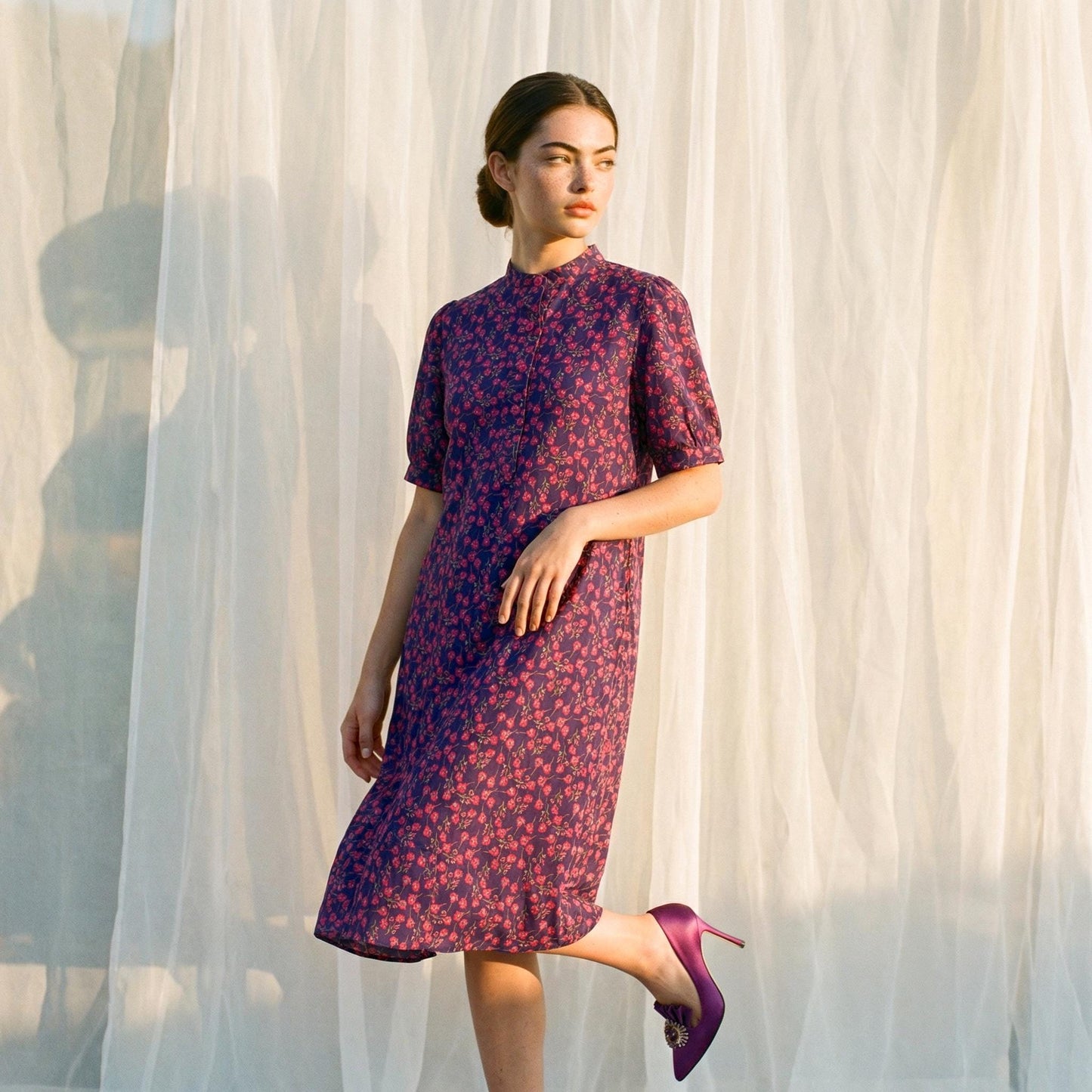 Liberty Mandarin Collar Shift Dress Short Sleeve