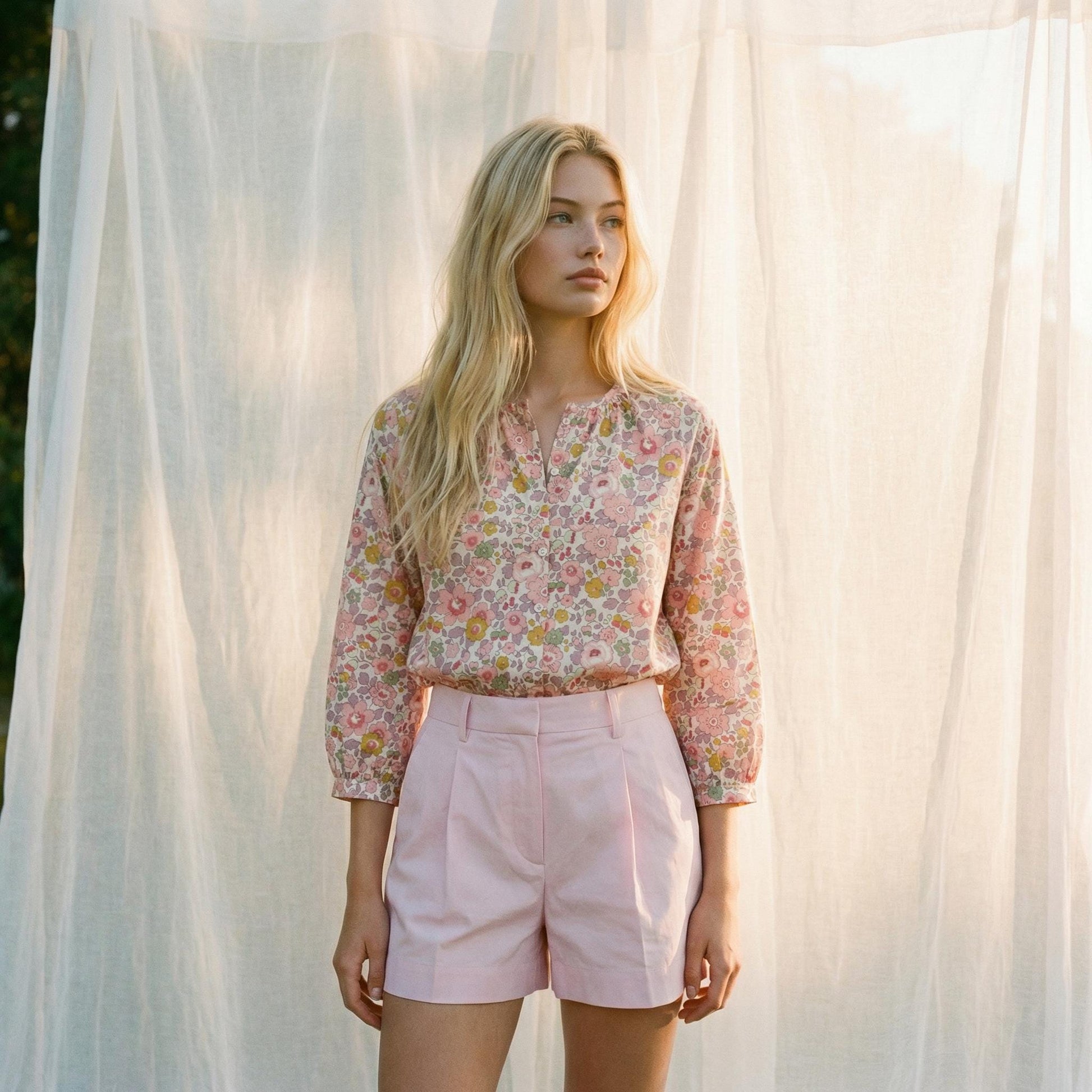 Liberty London Pastel-coloured Floral Botanical Gathered Blouse, Three-quarter Bishop Sleeves Shirt, Handcrafted Tailoring Clothing