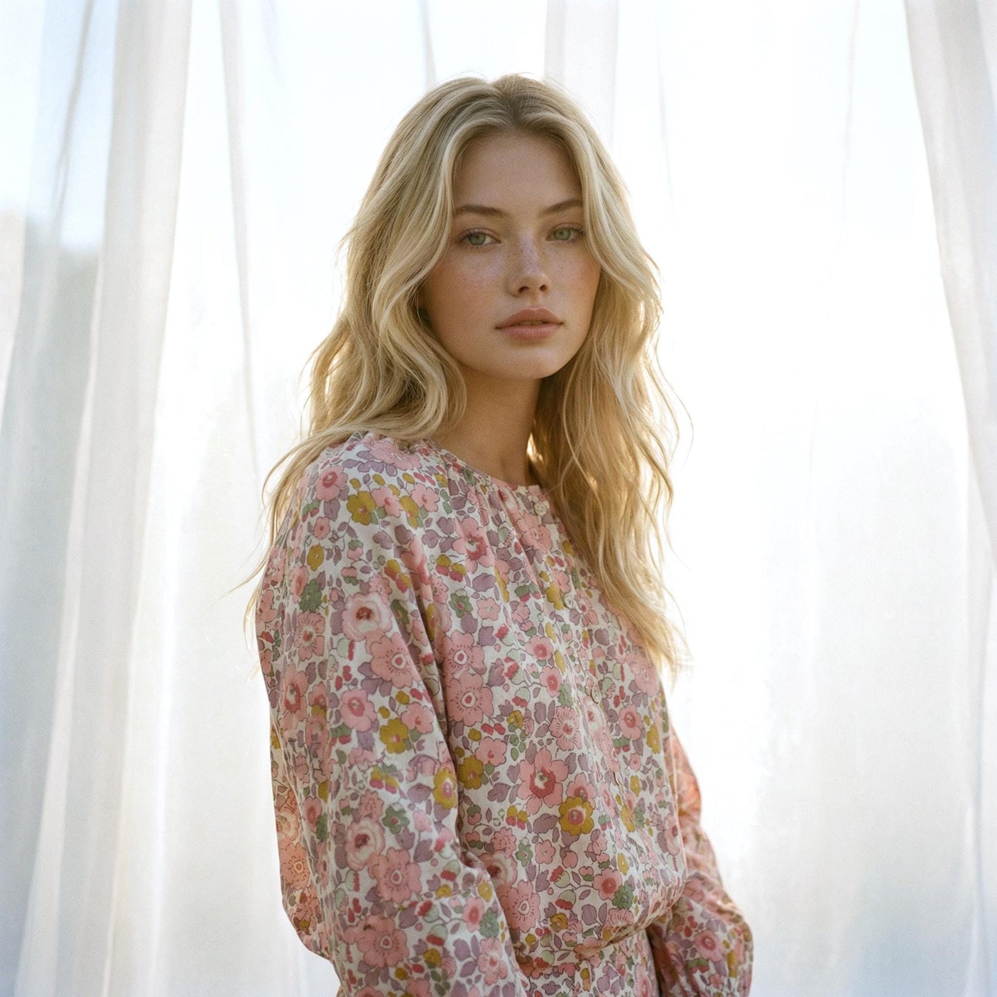 Liberty London Pastel-coloured Floral Botanical Gathered Blouse, Three-quarter Bishop Sleeves Shirt, Handcrafted Tailoring Clothing