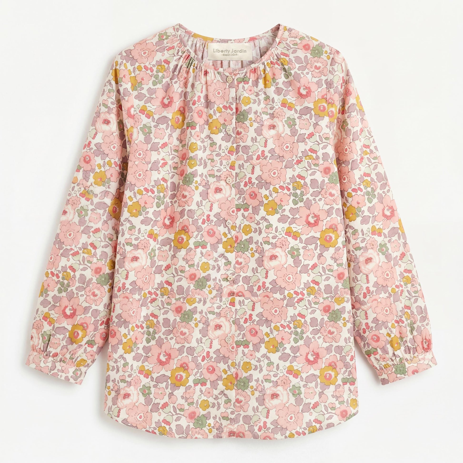 Liberty London Pastel-coloured Floral Botanical Gathered Blouse, Three-quarter Bishop Sleeves Shirt, Handcrafted Tailoring Clothing