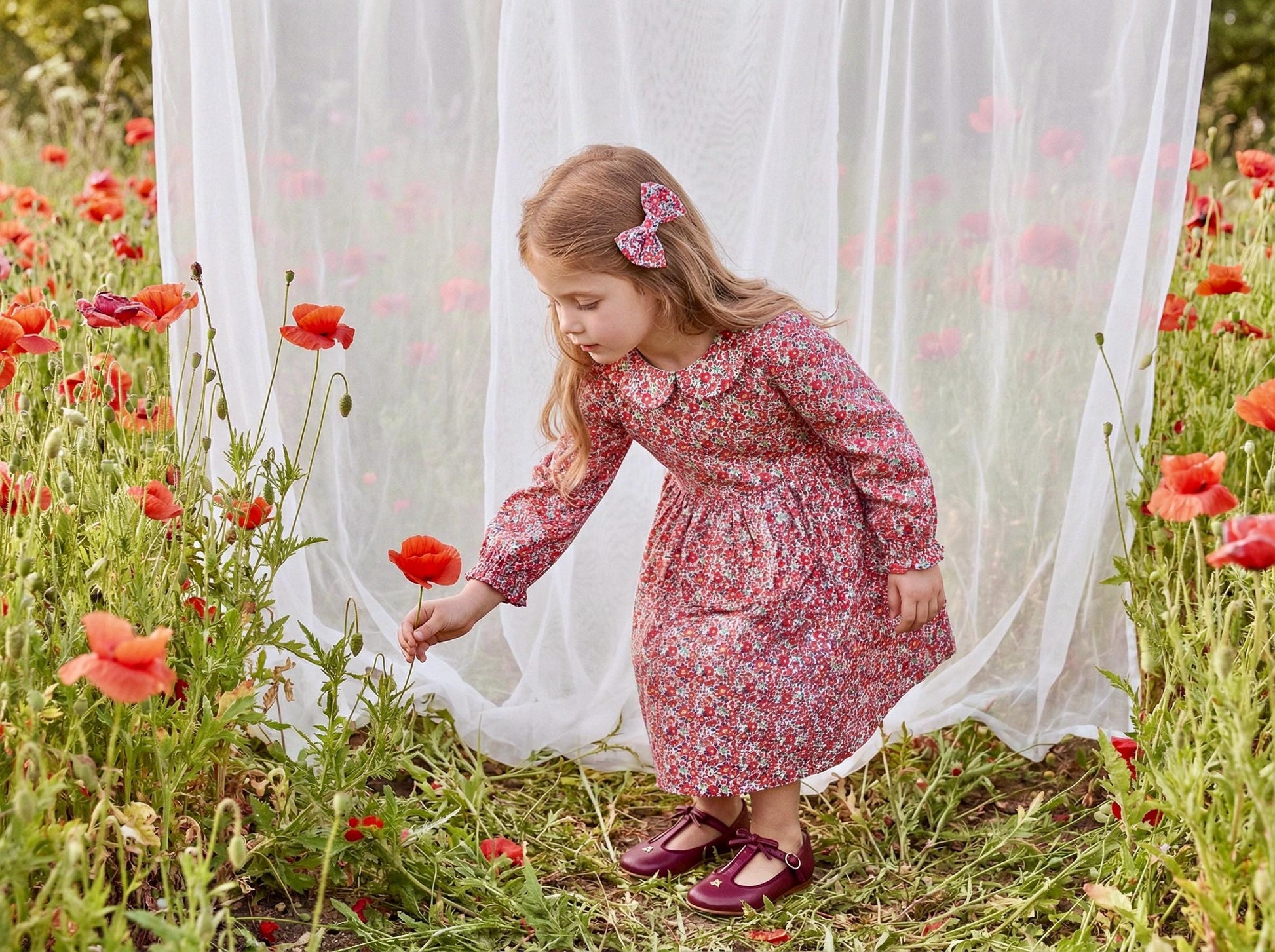 Liberty London Long Sleeve Girl Dress: Floral Print, Ruffle Collar