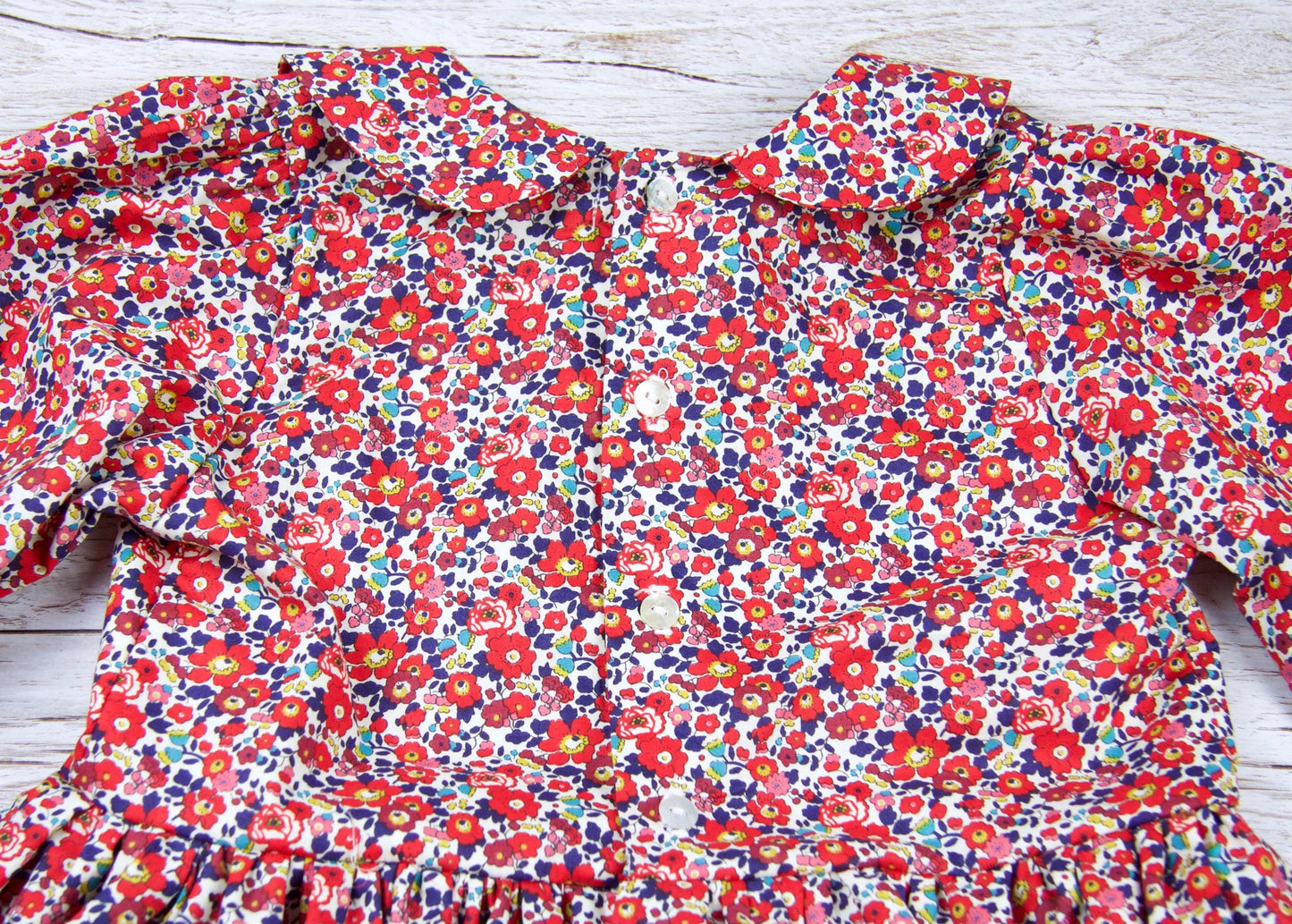 Liberty London Long Sleeve Girl Dress: Floral Print, Ruffle Collar