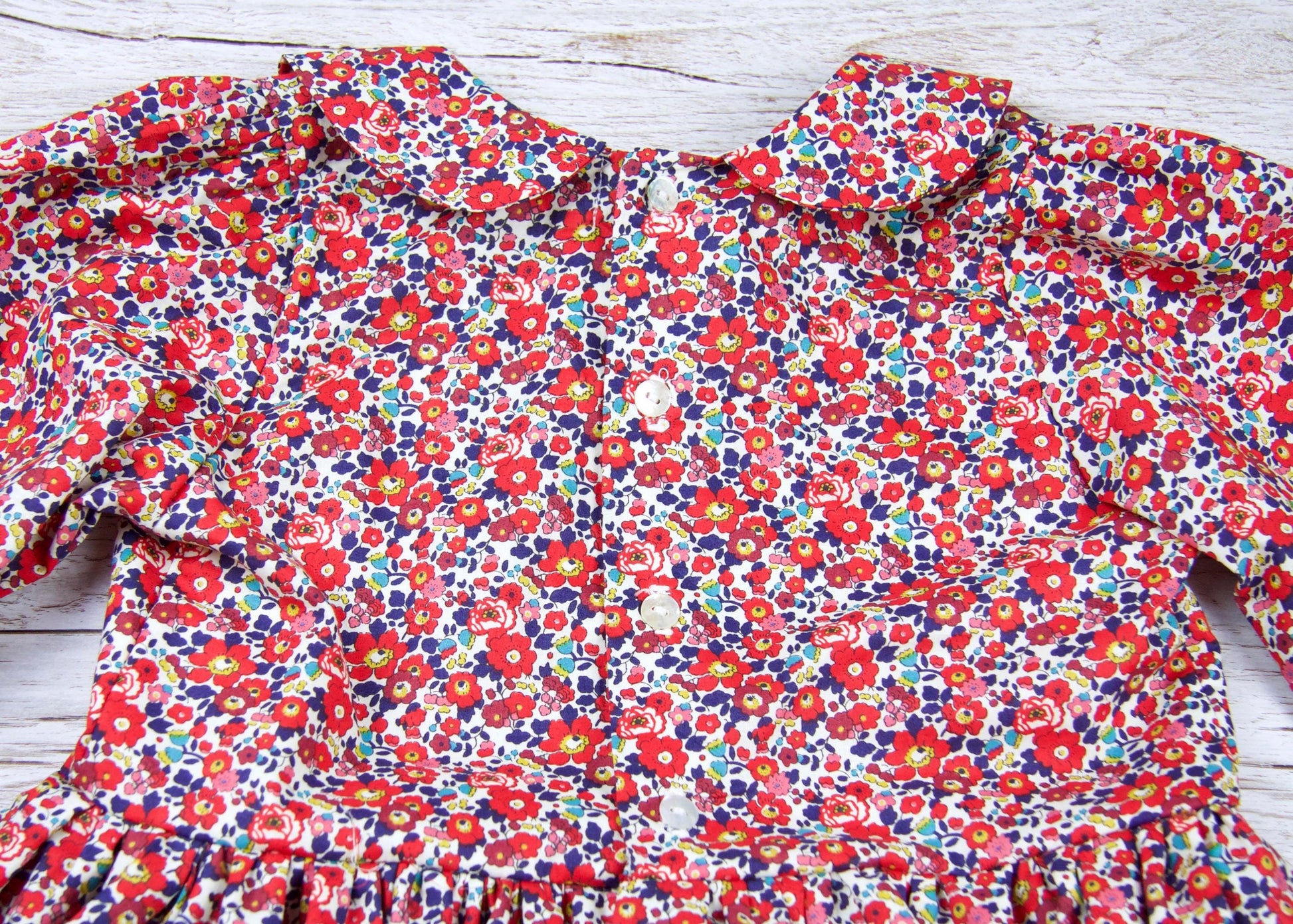 Liberty London Long Sleeve Girl Dress: Floral Print, Ruffle Collar