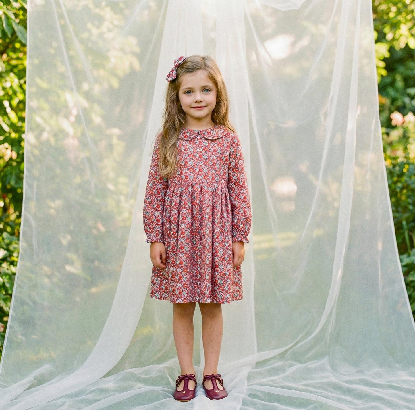 Liberty London Long Sleeve Girl Dress: Floral Print, Ruffle Collar