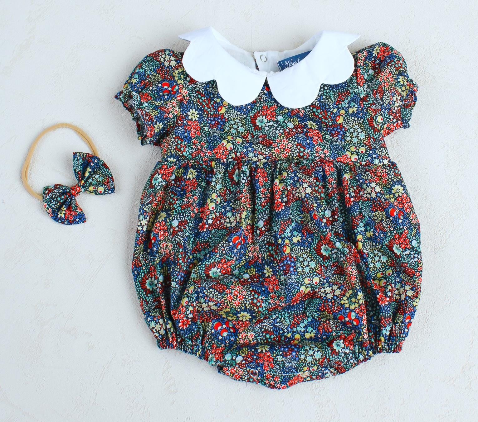 Liberty Baby Bubble Romper: Floral Print, Suspender Onesie