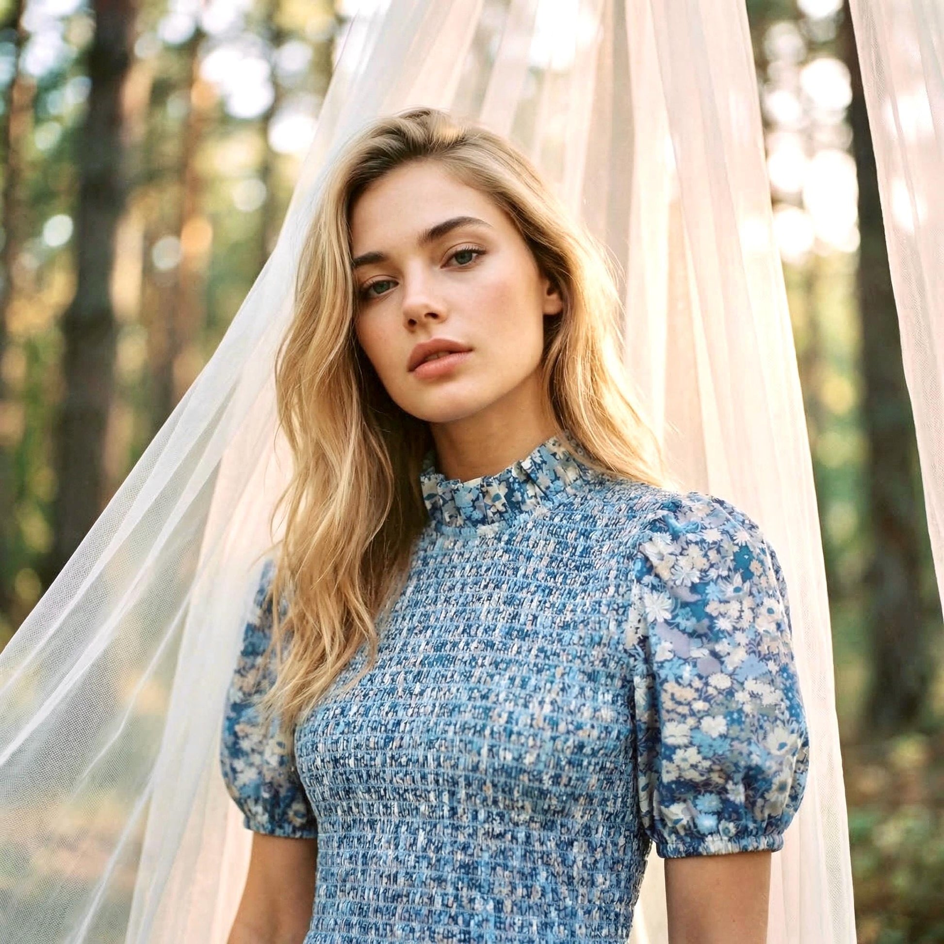 Mandarin Collar Liberty Floral Print Top: 3/4 Sleeves Cotton Shirt, Ditsy Botanical Gather Blouse