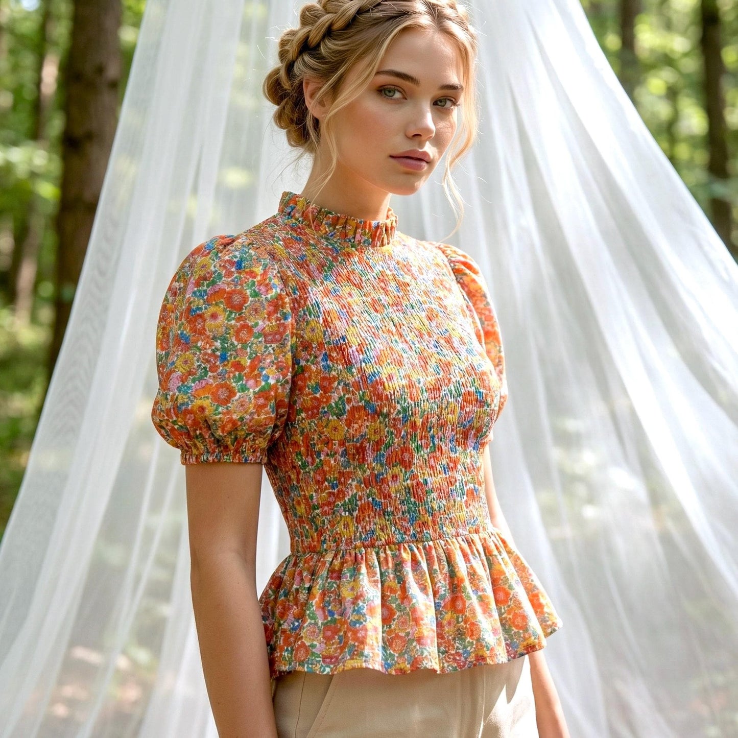 Liberty Print Gather Blouse Mandarin Collar 3/4 Sleeve: Ditsy Flower Cotton Top, Botanical Blouse