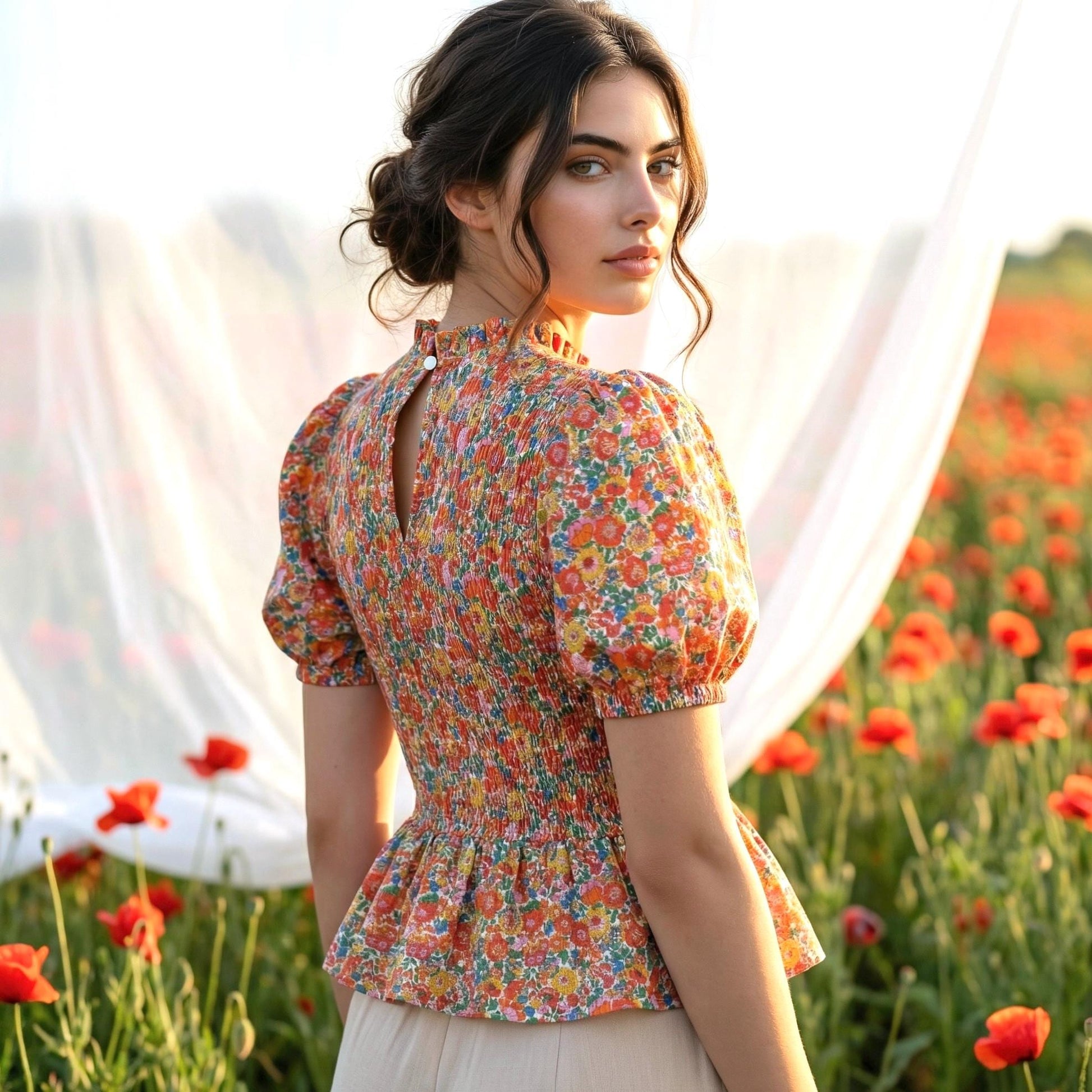 Liberty Print Gather Blouse Mandarin Collar 3/4 Sleeve: Ditsy Flower Cotton Top, Botanical Blouse