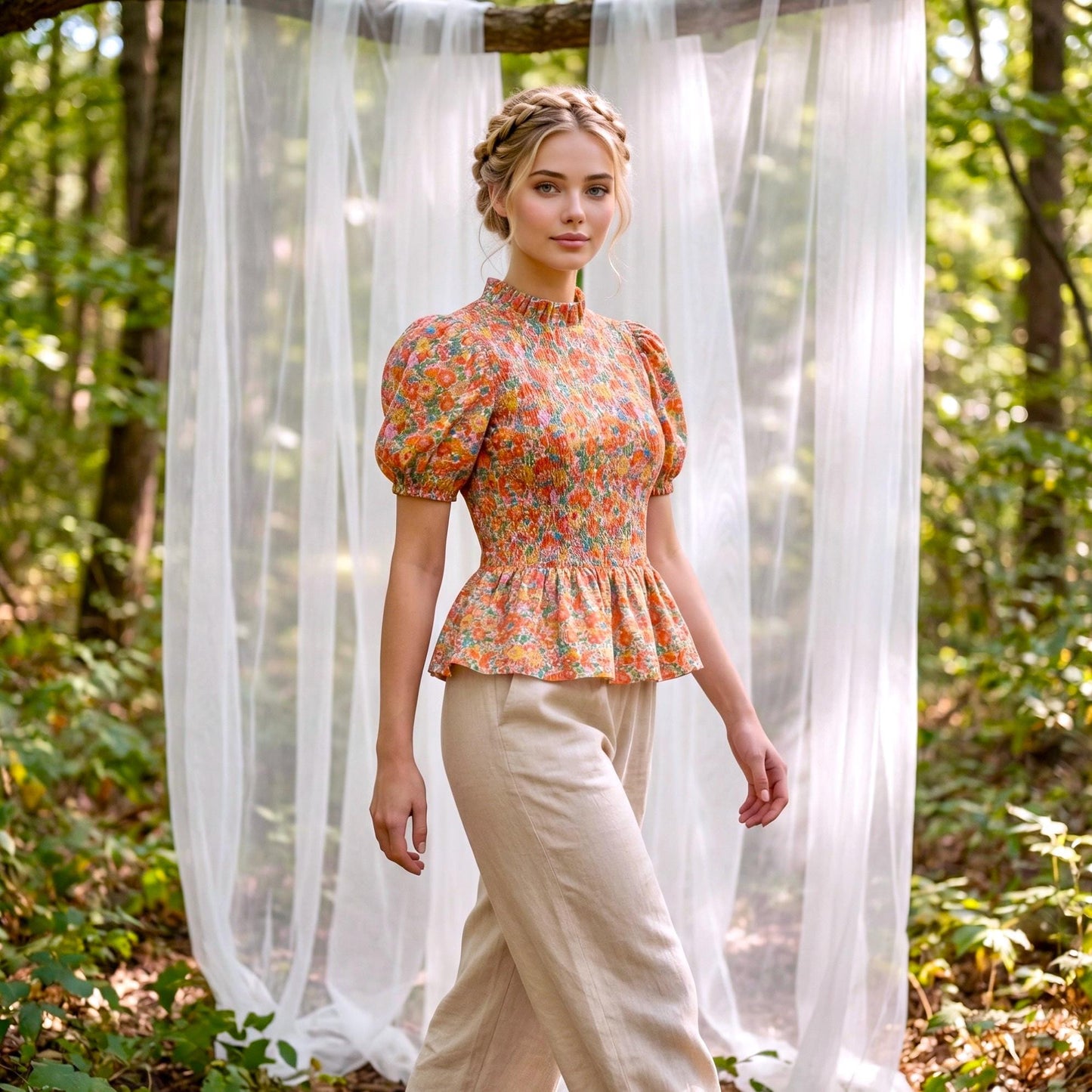 Liberty Print Gather Blouse Mandarin Collar 3/4 Sleeve: Ditsy Flower Cotton Top, Botanical Blouse