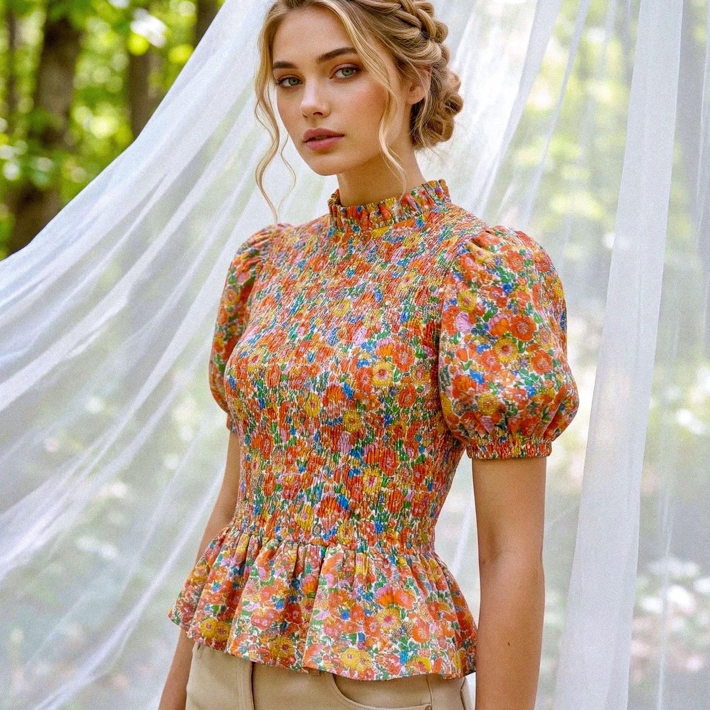 Liberty Print Gather Blouse Mandarin Collar 3/4 Sleeve: Ditsy Flower Cotton Top, Botanical Blouse