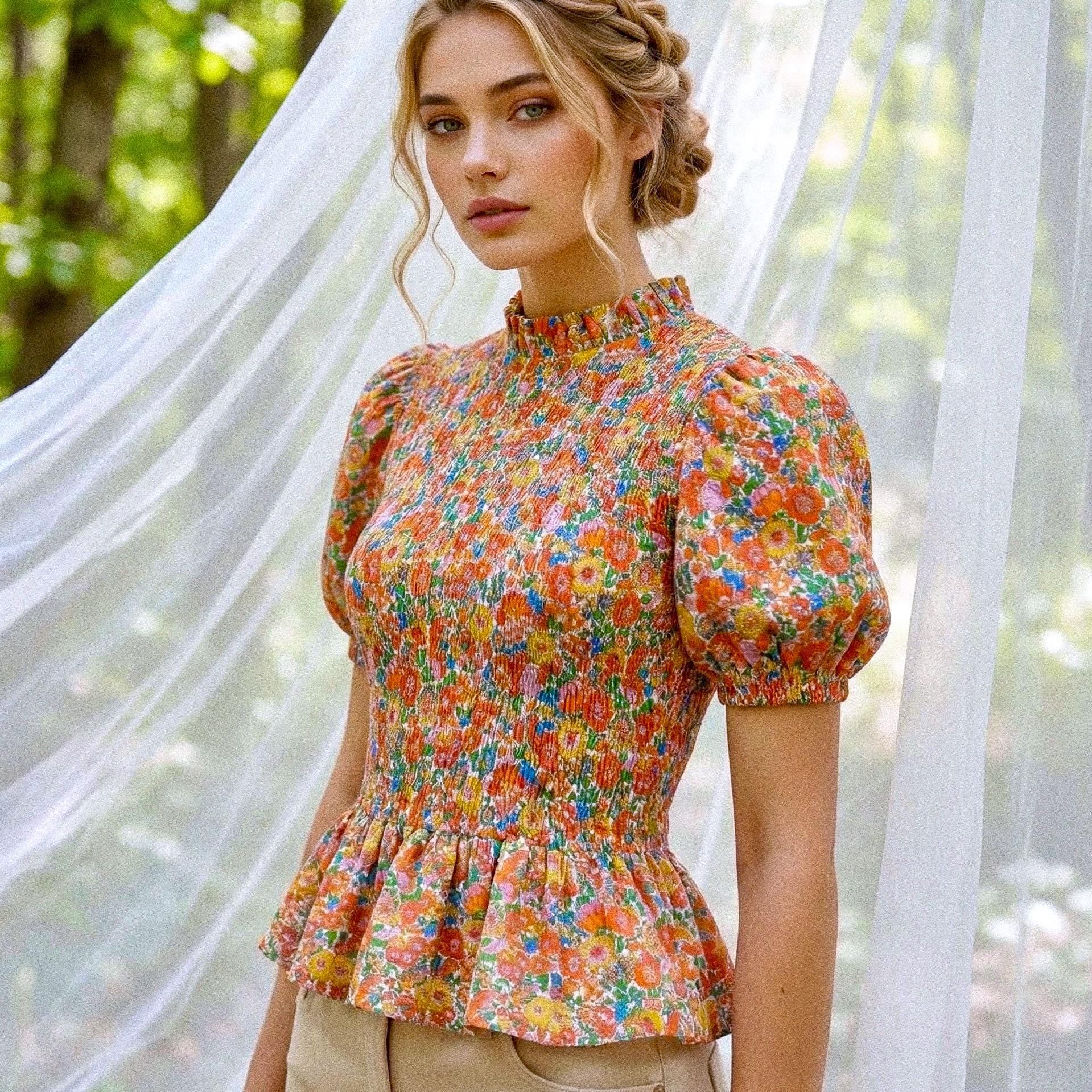 Liberty Print Gather Blouse Mandarin Collar 3/4 Sleeve: Ditsy Flower Cotton Top, Botanical Blouse