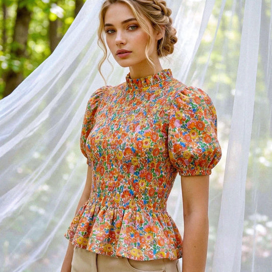 Liberty Print Gather Blouse Mandarin Collar 3/4 Sleeve: Ditsy Flower Cotton Top, Botanical Blouse