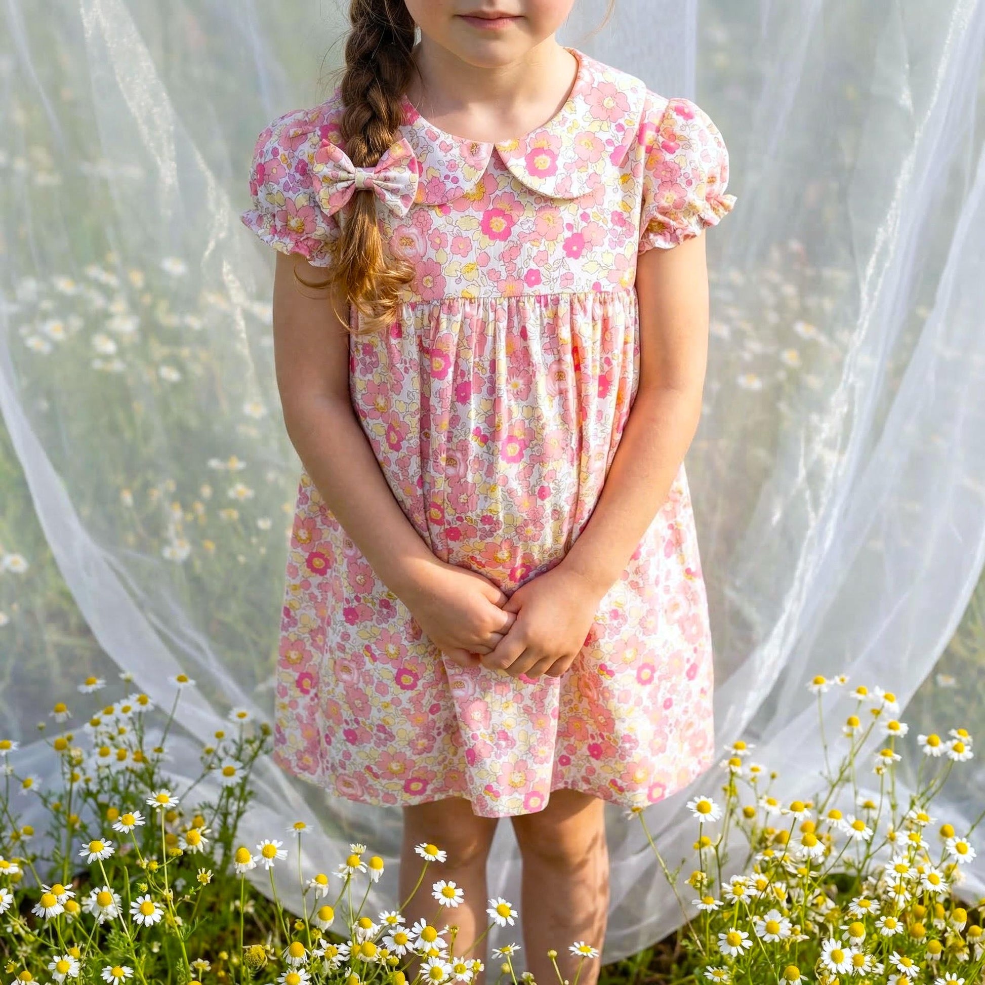 Long Sleeve Liberty London Girl's Dress: Ruffle Collar, Ditsy Floral Cotton